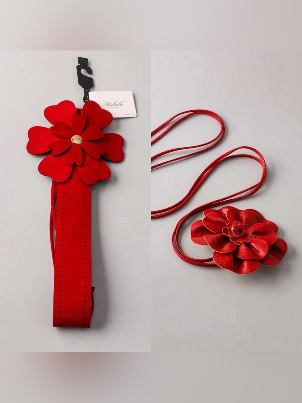 214 • Scarlet Red Flower Leather Belts/Necklace Accessory Various - Picture 4 of 6